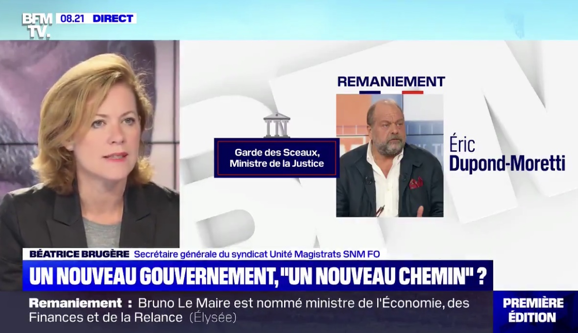 Béatrice BRUGERE, Secrétaire Générale d'UNITE MAGISTRATS sur BFM TV : Un nouveau gouvernement, "un nouveau chemin" ?  - Syndicat Unité Magistrats SNM FO