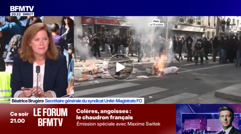 Interview sur BFM TV de Béatrice Brugère, Secrétaire générale d'Unité Magistrats, sur le thème des manifestations lycéennes. - Syndicat Unité Magistrats SNM FO