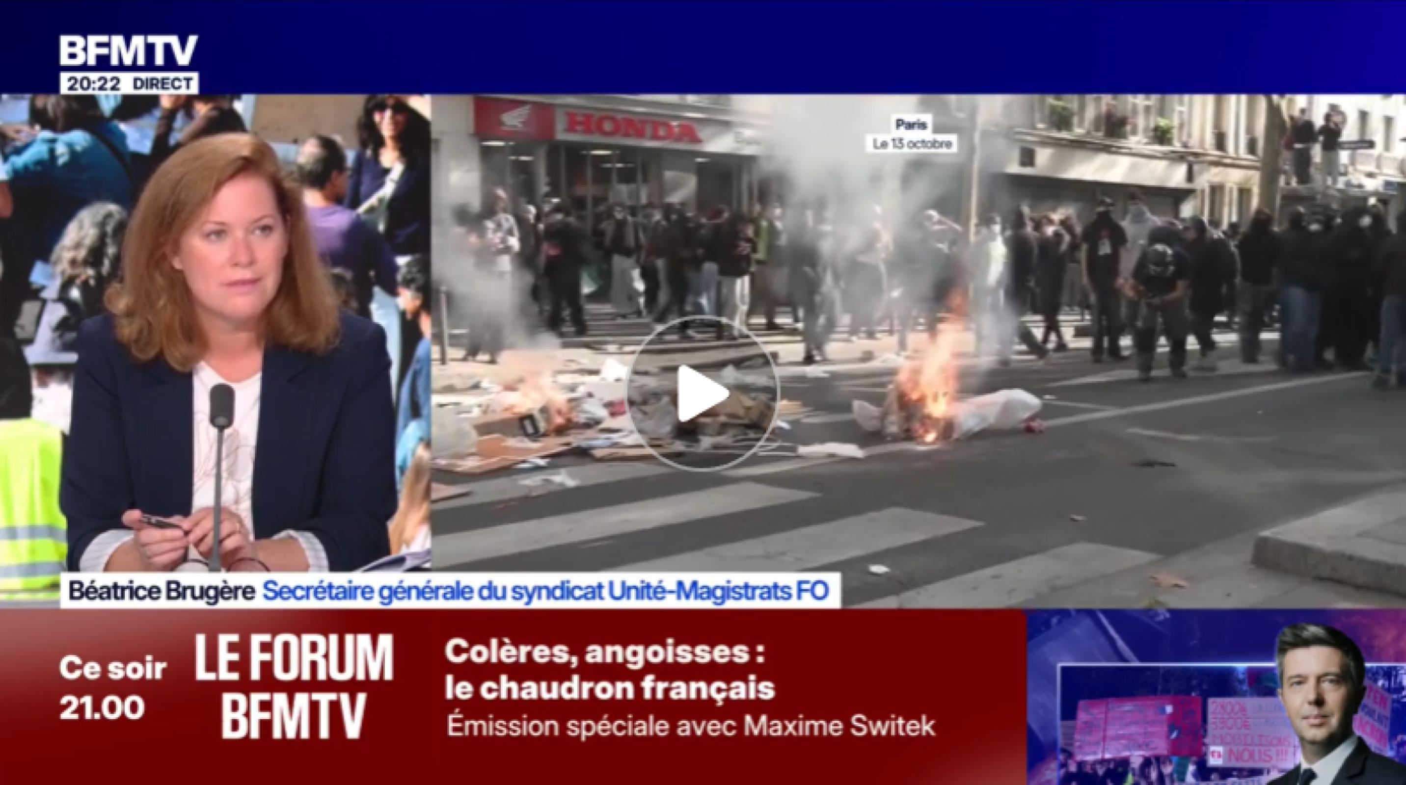 Interview sur BFM TV de Béatrice Brugère, Secrétaire générale d'Unité Magistrats, sur le thème des manifestations lycéennes. - Syndicat Unité Magistrats SNM FO