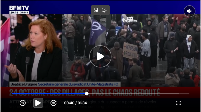 Interview sur BFM TV de Béatrice Brugère, Secrétaire générale d'Unité Magistrats, sur les manifestations du 24 octobre. - Syndicat Unité Magistrats SNM FO