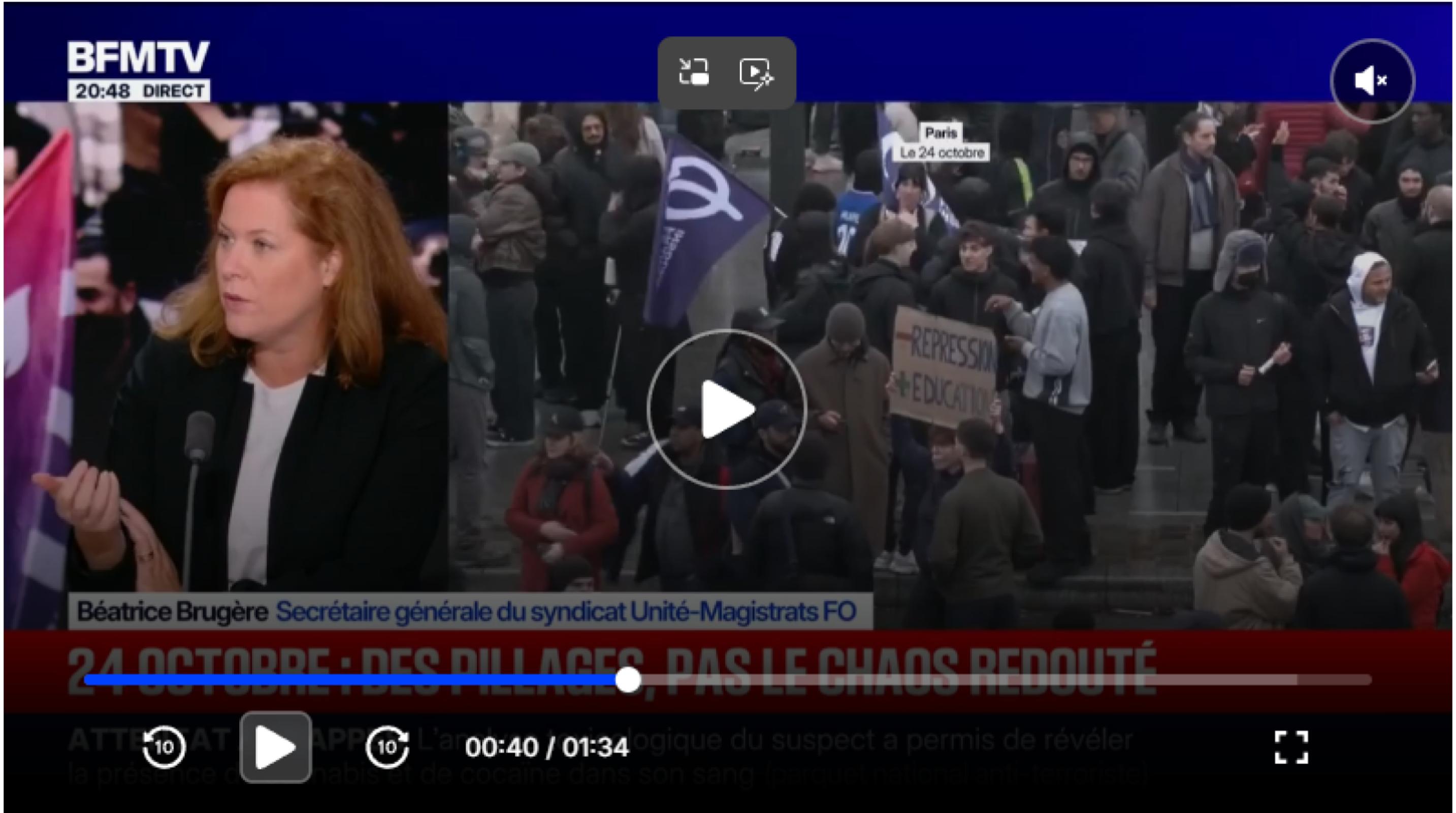 Interview sur BFM TV de Béatrice Brugère, Secrétaire générale d'Unité Magistrats, sur les manifestations du 24 octobre. - Syndicat Unité Magistrats SNM FO